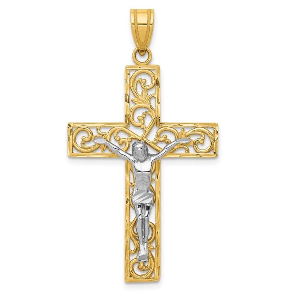 10k Two-Tone D/C Large Block Filigree Cross W/Cru… - image 6